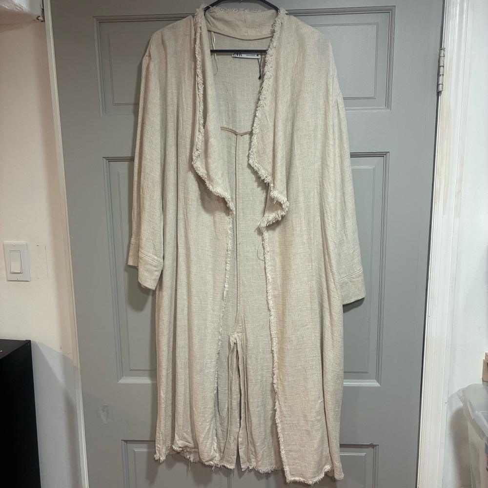 Zara Long Cardigan Women Size XS/Small Cream Waterfall drape‎ design Open Front